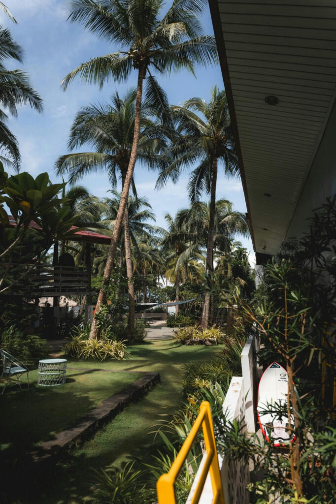 A surfboard leaning on the veranda rail looking out over the palm garden at Kahana Baler in Cemento, Baler